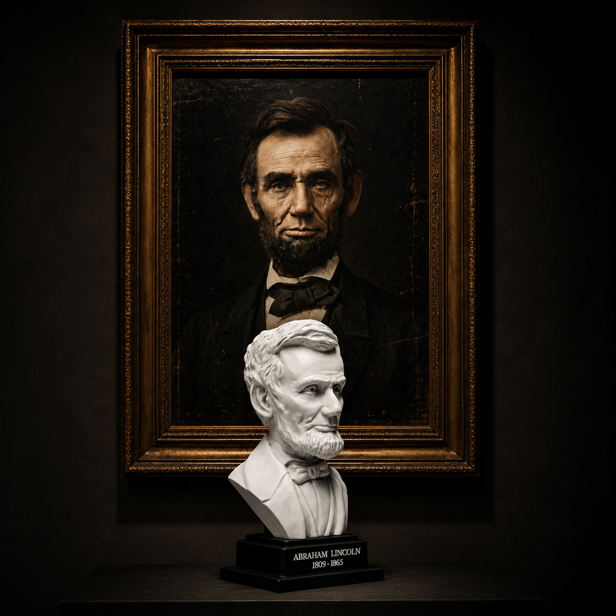 Framed portrait of a historical figure above a bust of the same person on a dark background