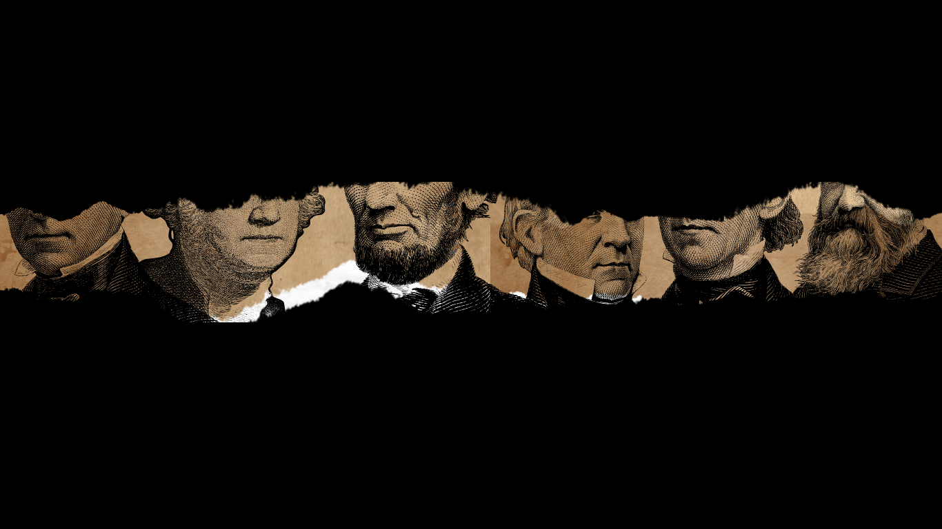 Collage of historical figures' faces with a black background