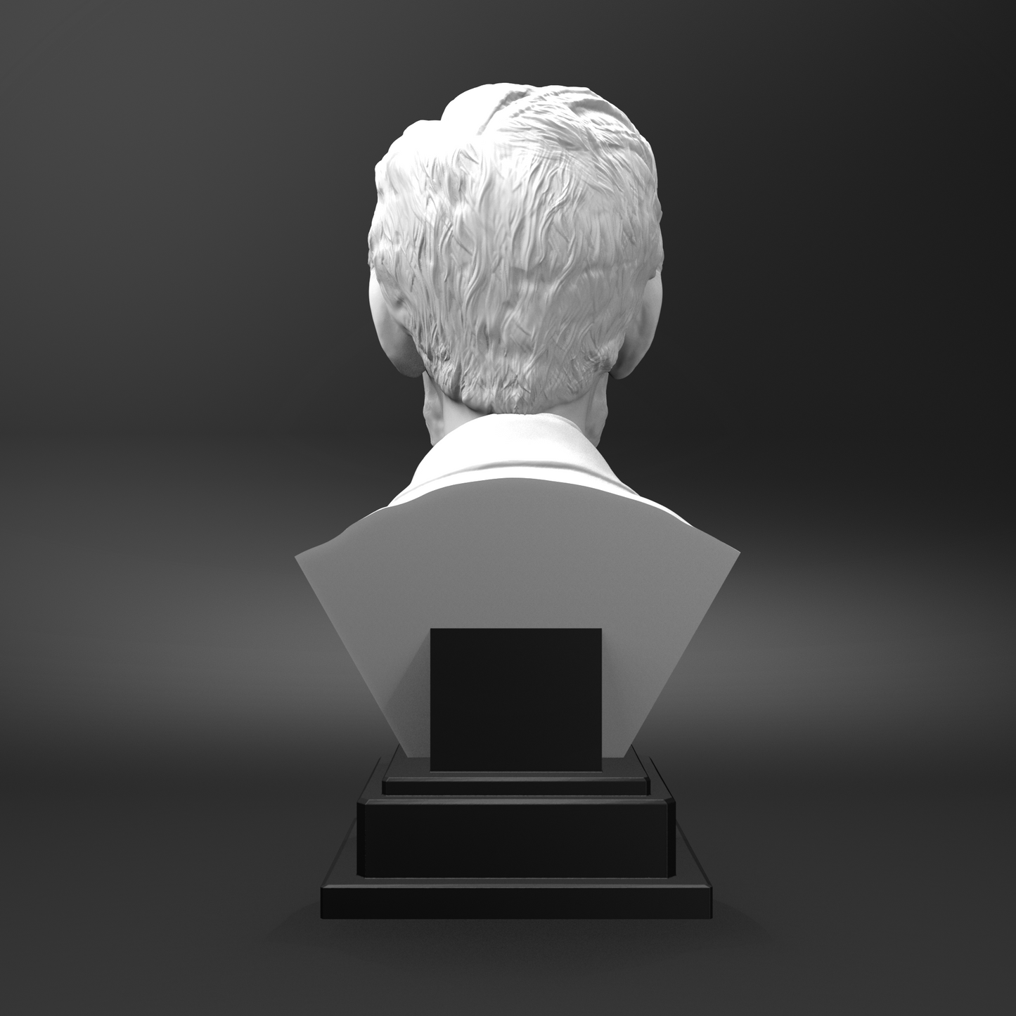 Bust sculpture on a black pedestal against a dark background