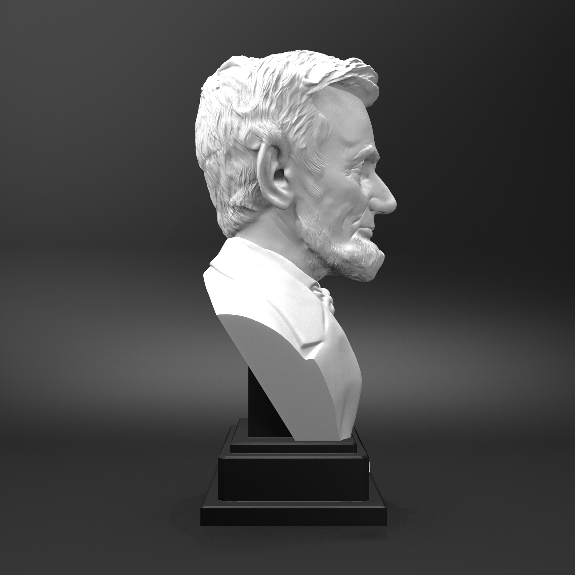 Bust sculpture of a historical figure on a dark background