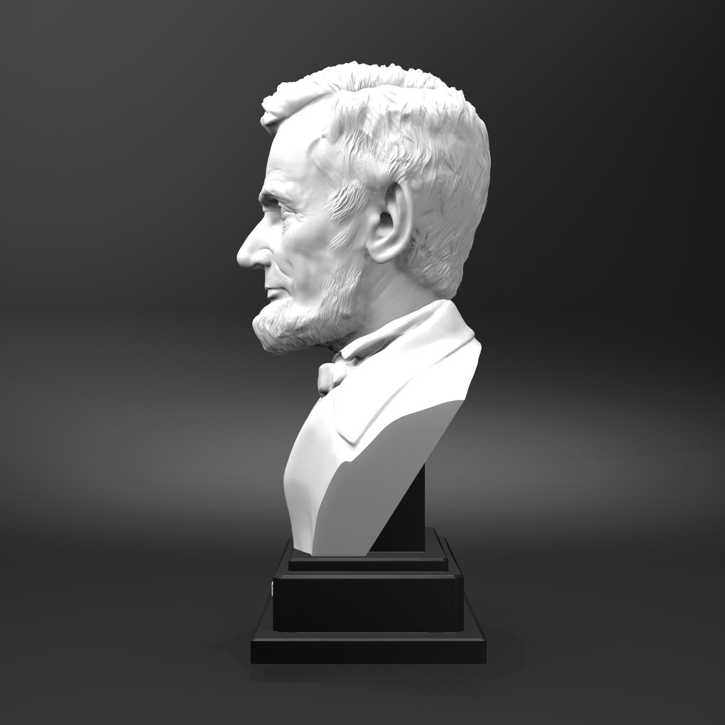 White marble bust of a historical figure on a black pedestal against a dark background