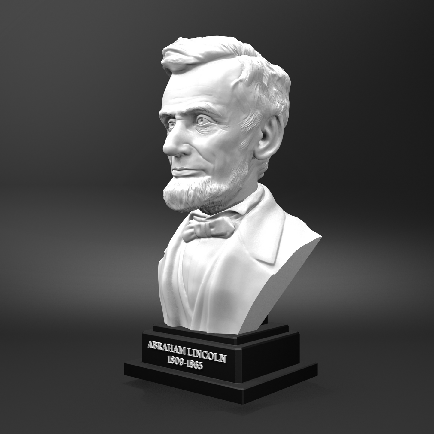Bust of Abraham Lincoln on a black base with a gray background