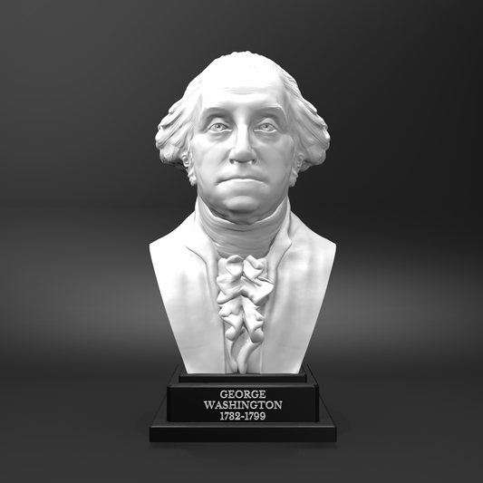 Bust of George Washington on a black base with a gray background