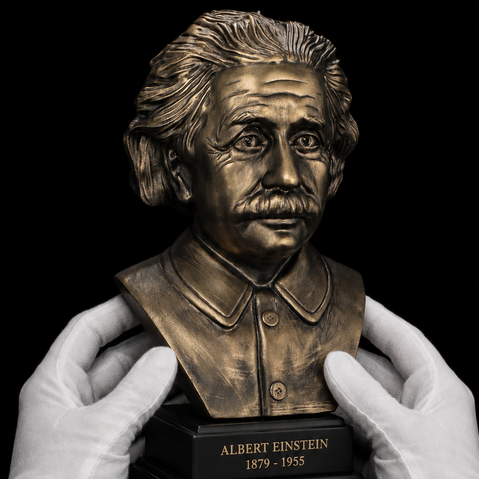 Bronze bust of Albert Einstein held by gloved hands against a black background
