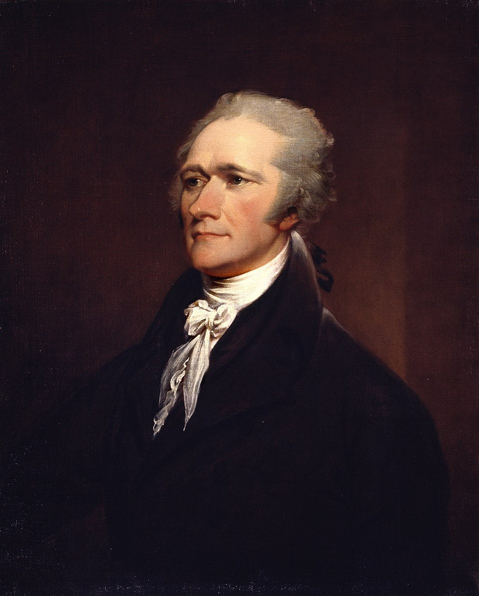 Portrait of a man with powdered hair and a dark coat against a brown background Alexander_Hamilton