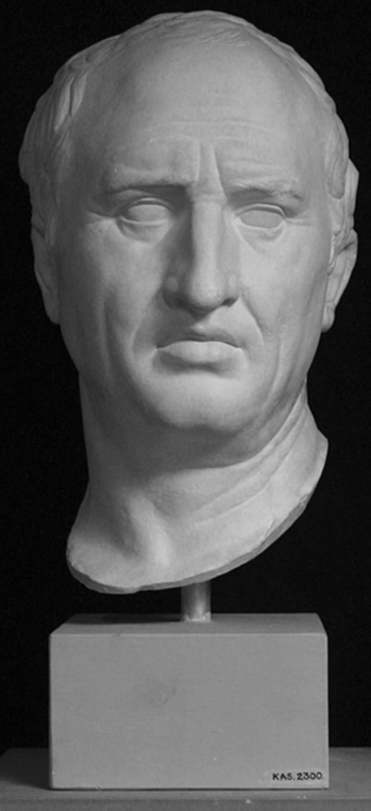 White marble bust of a classical figure on a black background