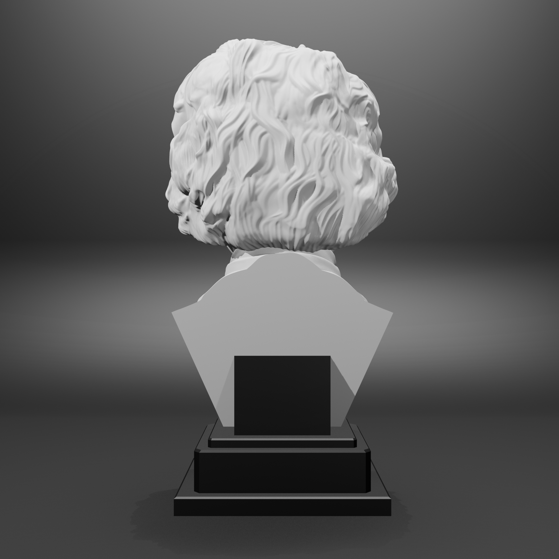 White bust on a black pedestal against a gray background