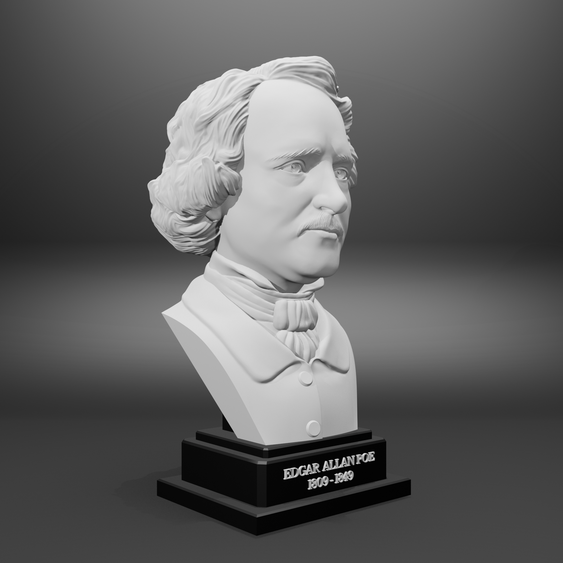 Bust of Elgar Allan Poe on a gray background