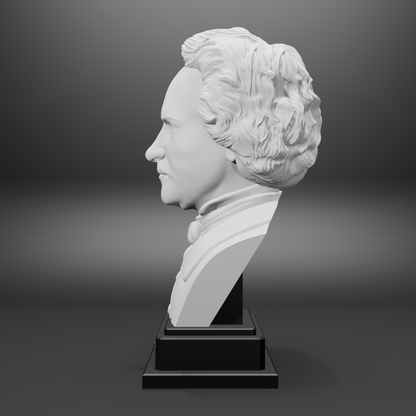 White bust on a black pedestal against a gray background