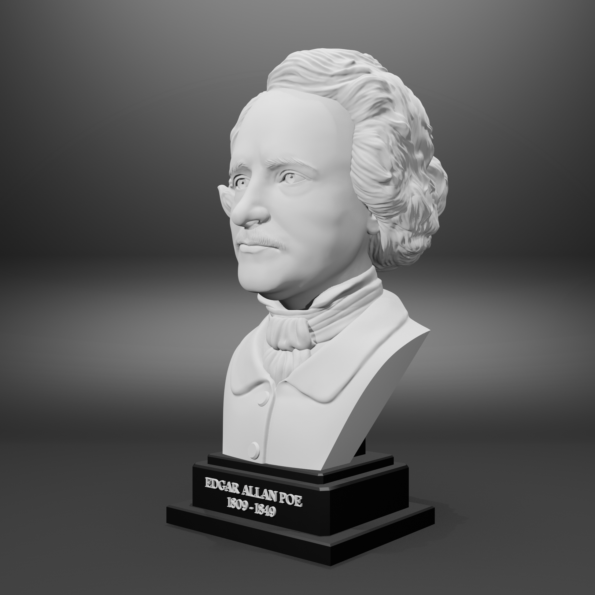 Bust of Edgar Allan Poe on a gray background