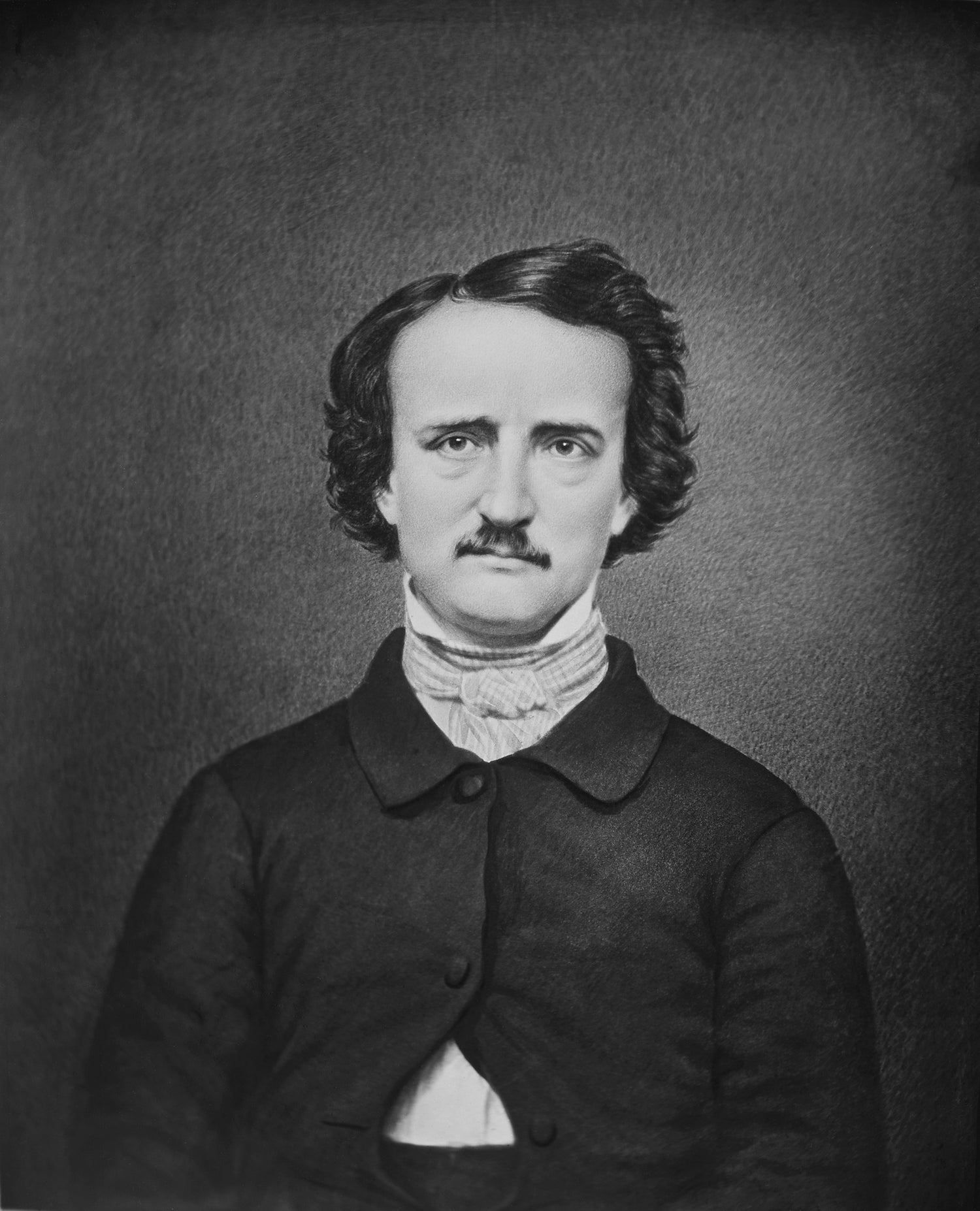 Black and white portrait of a man with a mustache against a dark background. Edgar Allan Poe