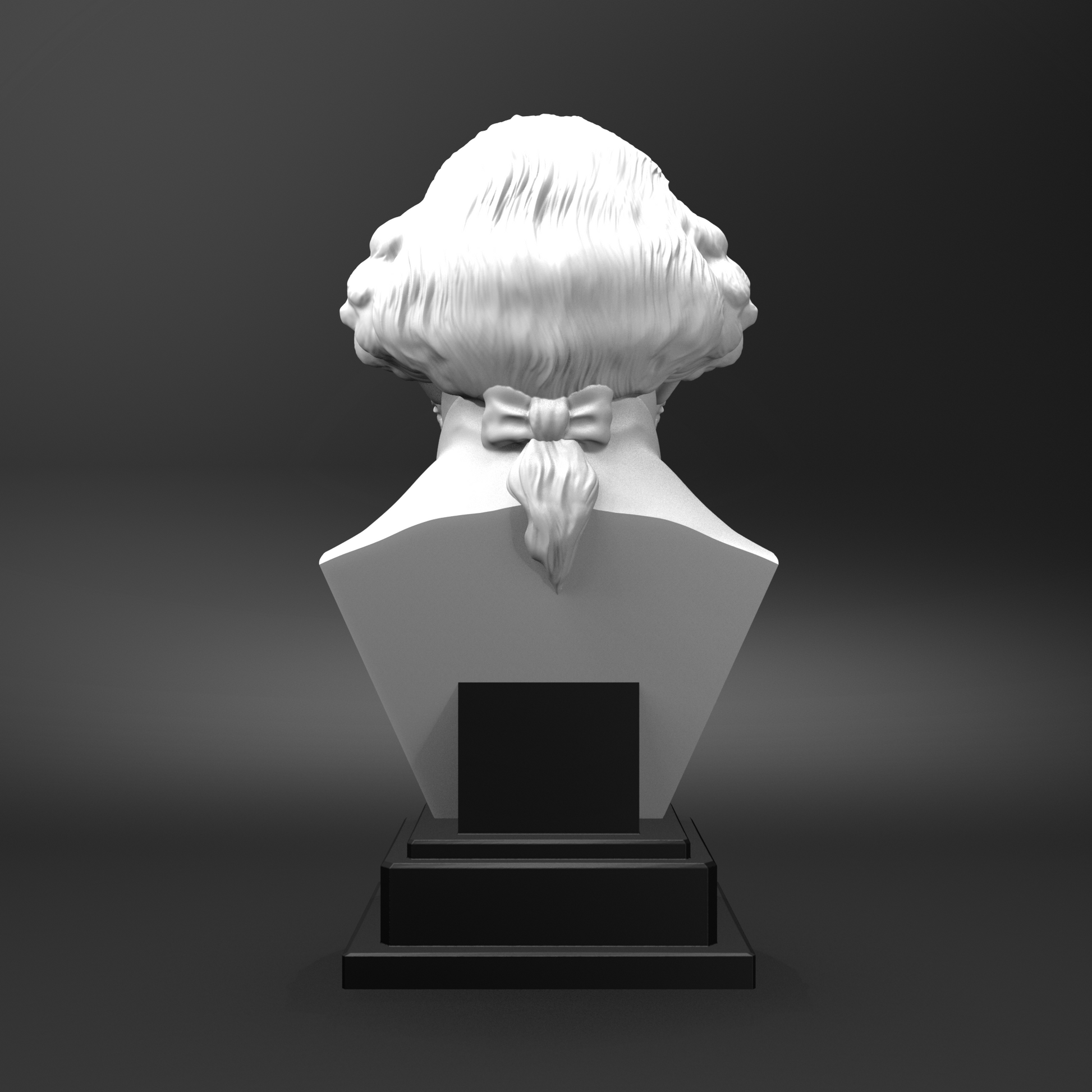 White bust sculpture on a black pedestal against a dark background