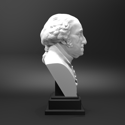 White bust on a black pedestal against a dark background