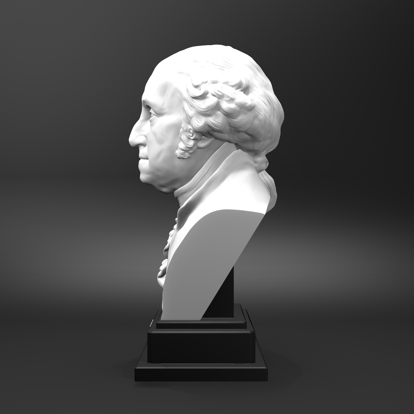 White bust of a classical figure on a black pedestal against a dark background