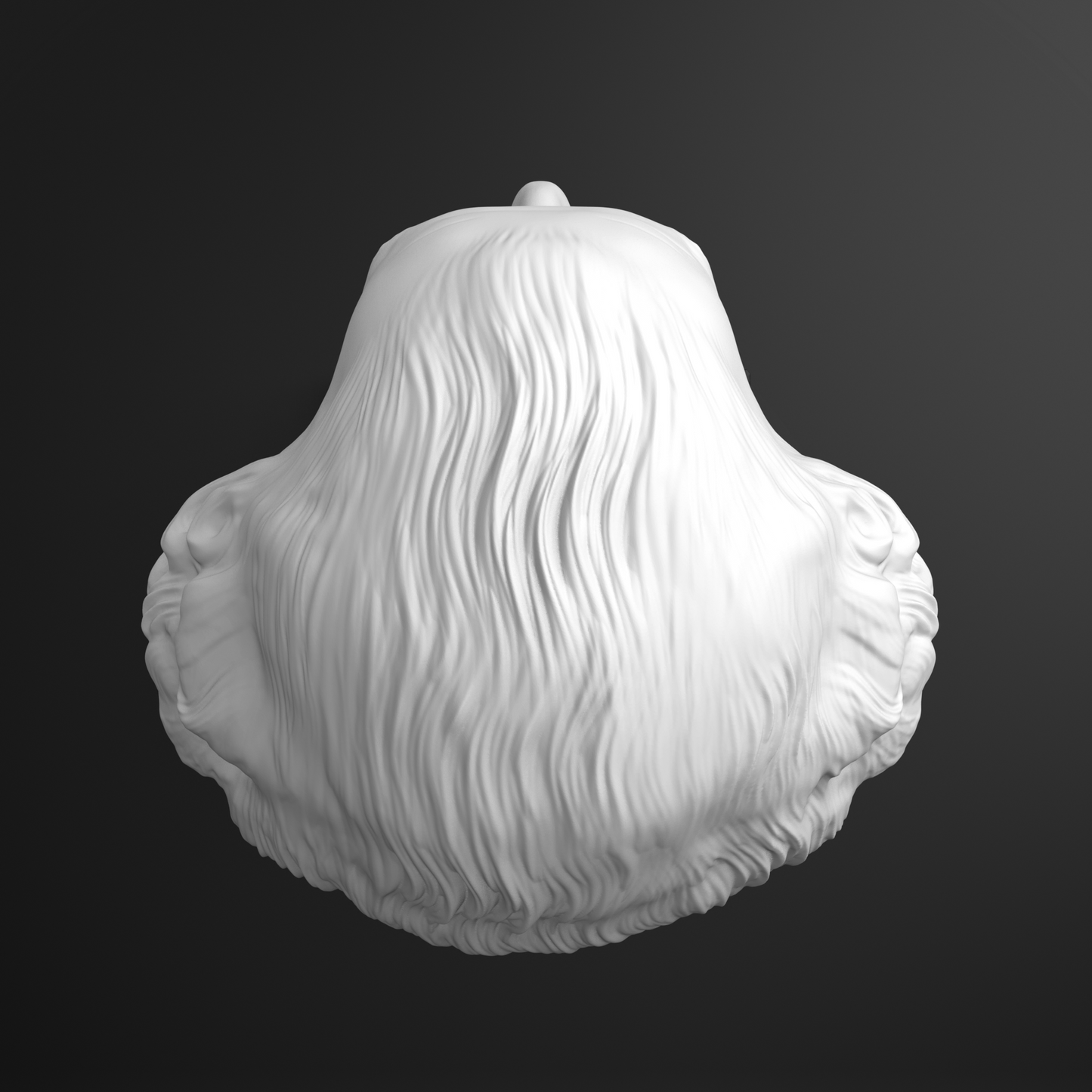 White sculpture of a face with long hair on a black background