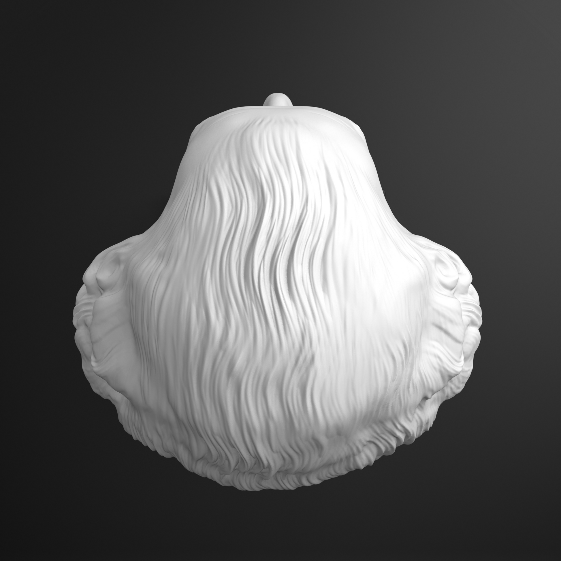 White sculpture of a face with long hair on a black background