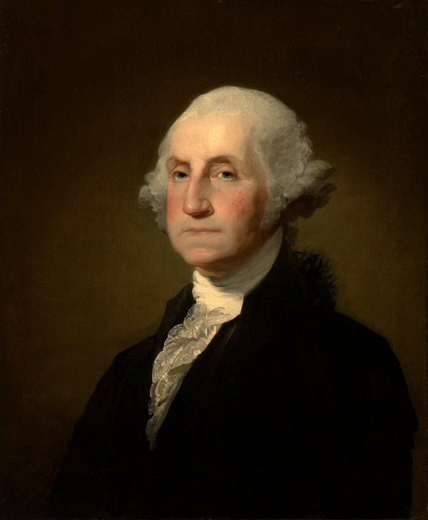 Portrait of a historical figure with powdered hair and formal attire against a dark background