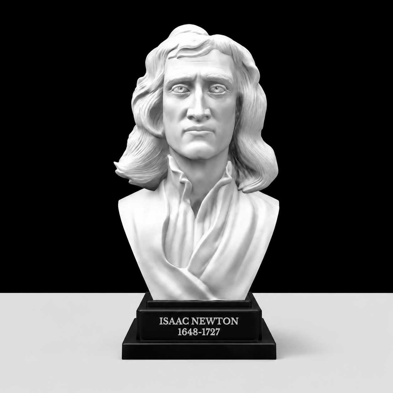Bust of Isaac Newton on a black base with a white background