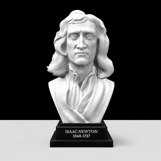 Bust of Isaac Newton on a black base with a white background