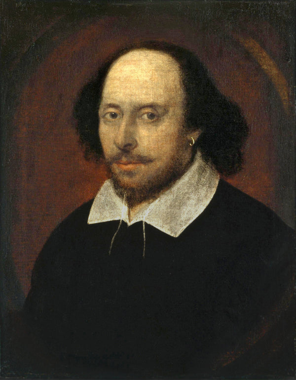 Portrait of a man with a white collar and dark clothing against a red background. William Shakespeare