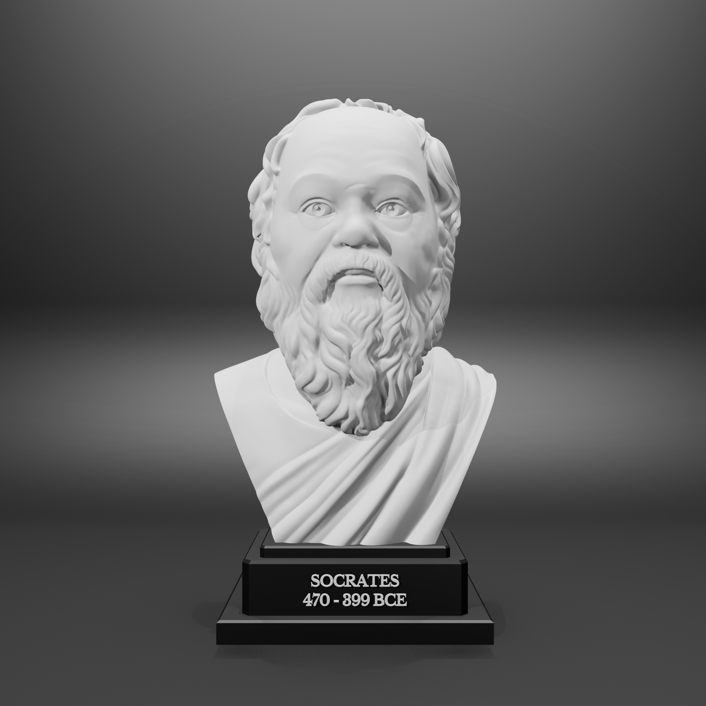 White bust of Socrates on a dark gray background with a black base