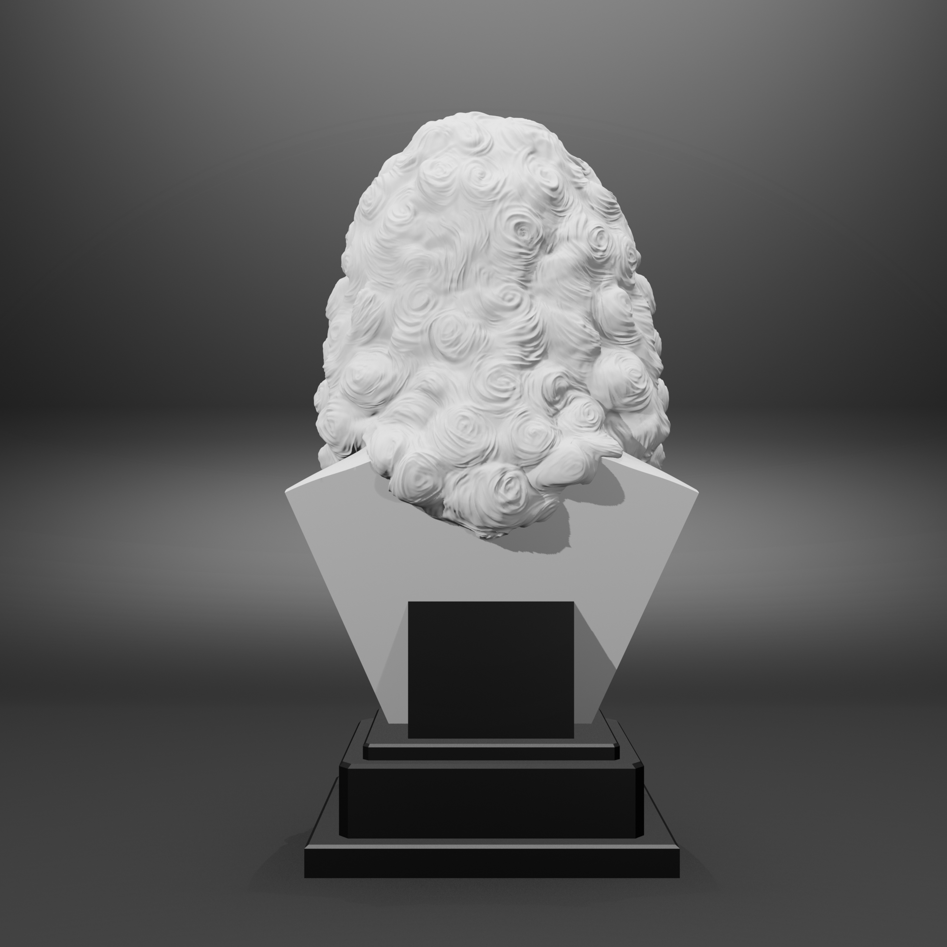 White sculpture of a head on a gray background