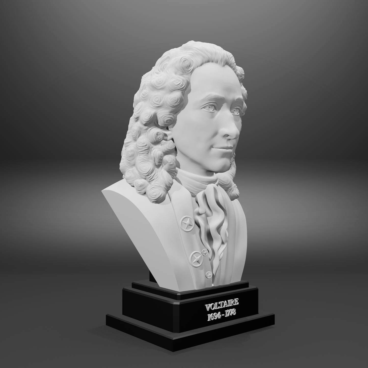 Bust sculpture of a historical figure on a gray background