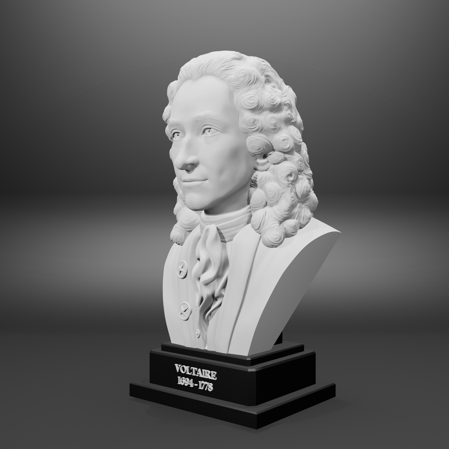Bust of Voltaire on a black base against a gray background