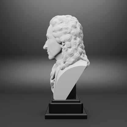 White bust on a black pedestal against a gray background
