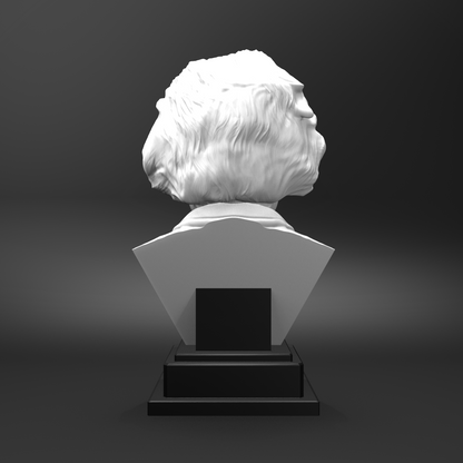 White bust on a black pedestal against a dark background