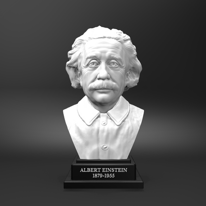 Bust of Albert Einstein on a black base with a gray background