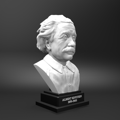 Bust of Albert Einstein on a black base with a gray background