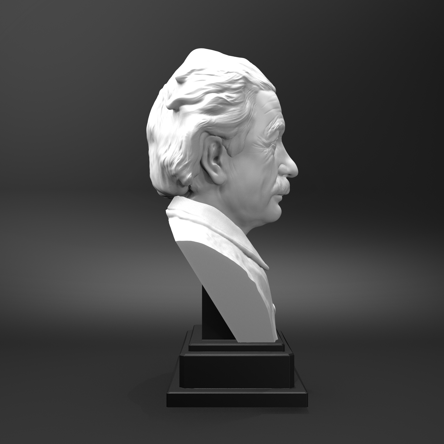 White bust on a black pedestal against a dark background