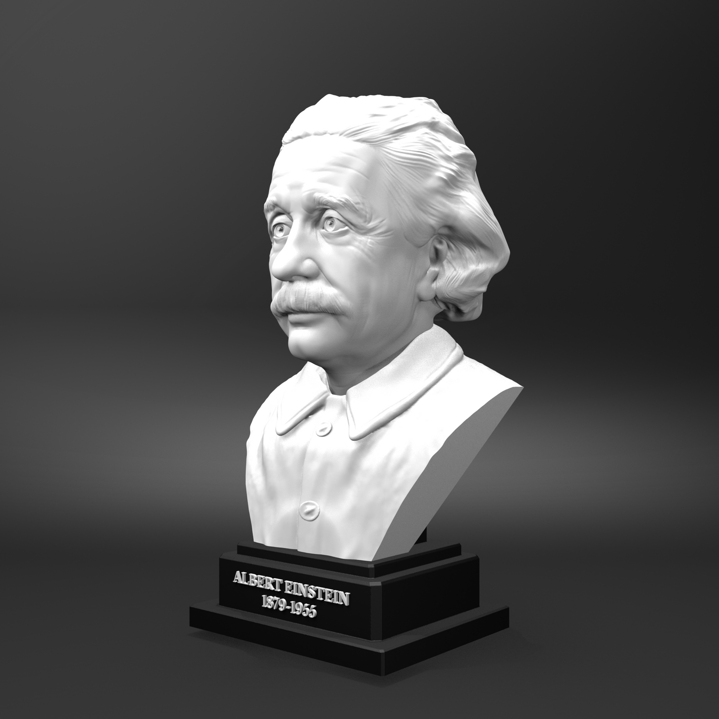 Bust of Albert Einstein on a black base with a gray background