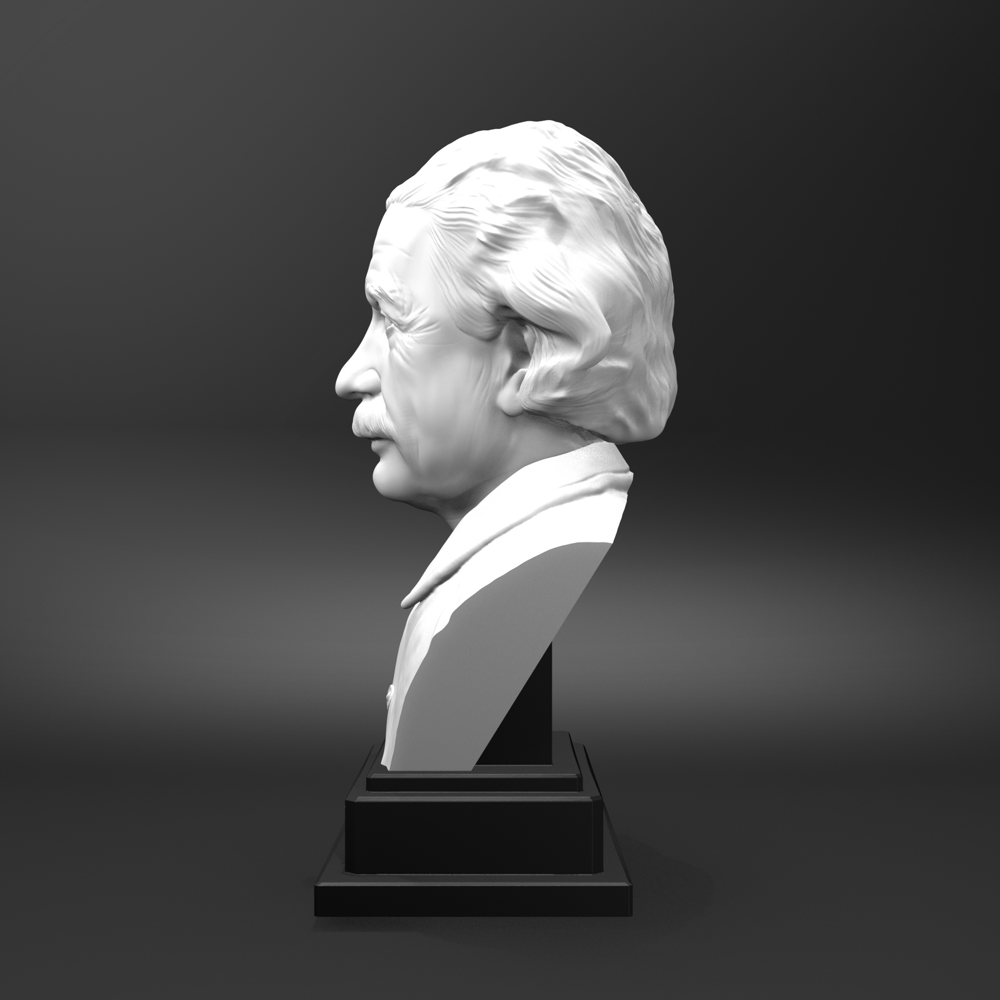 White bust of a classical figure on a black pedestal against a dark background