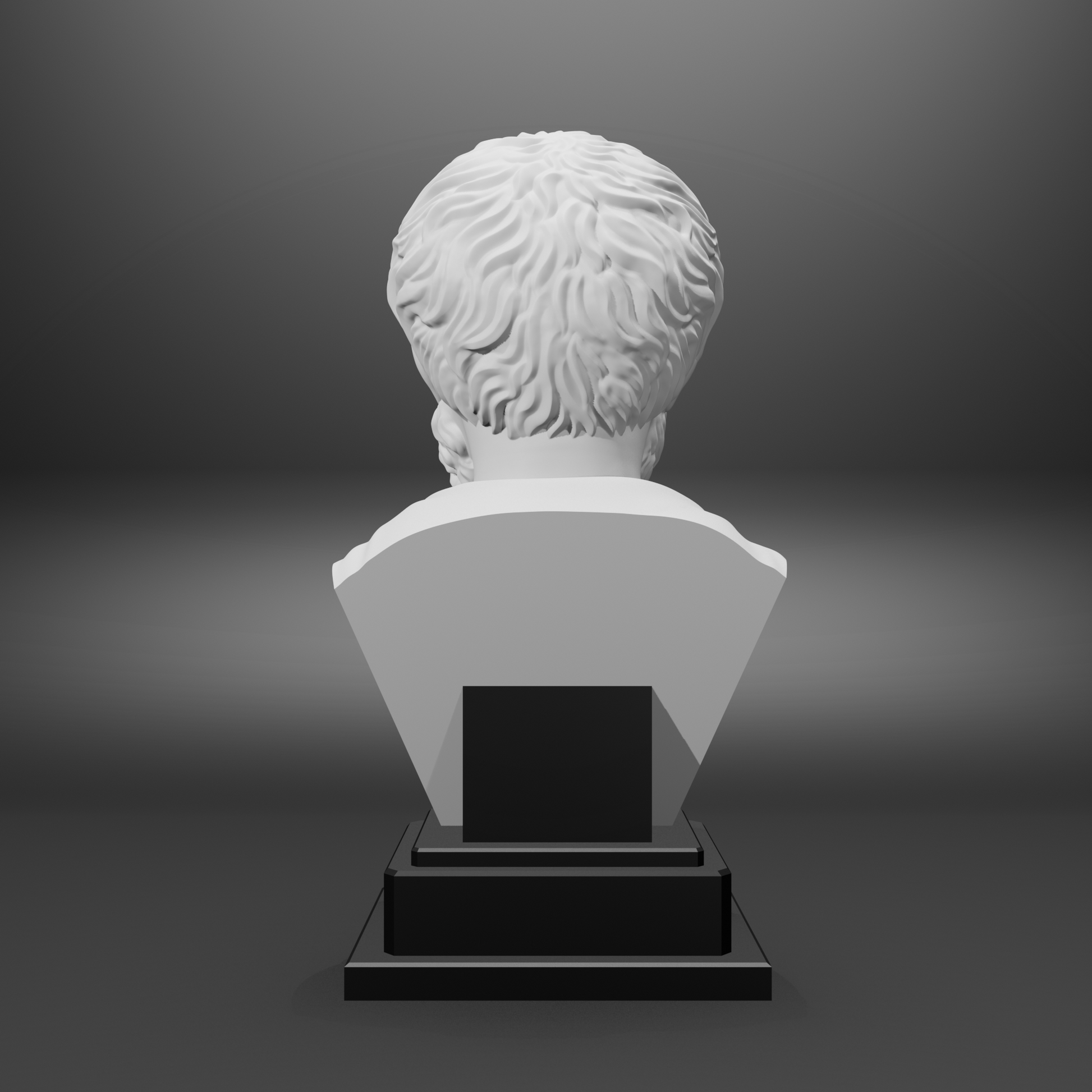 White bust on a black pedestal against a gray background