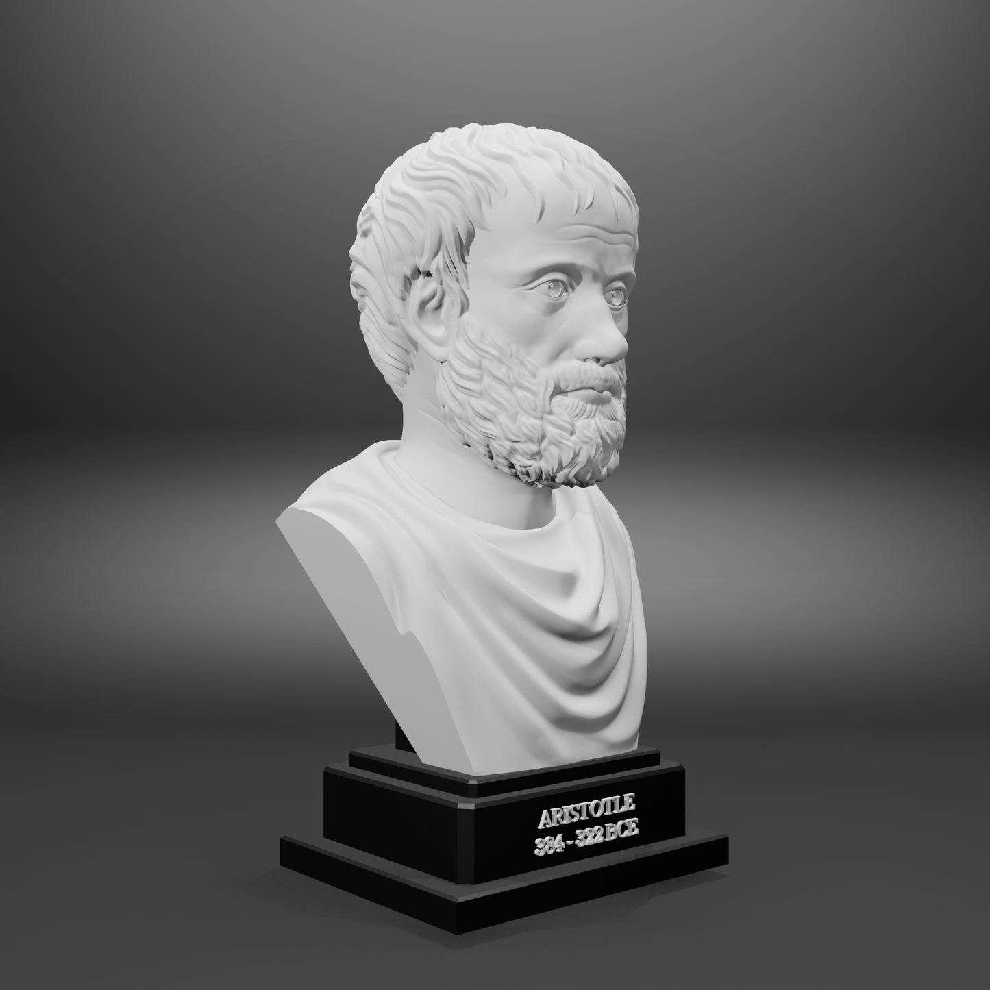 Bust of a classical philosopher on a gray background
