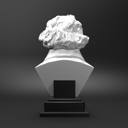 White marble bust on a black pedestal against a dark background