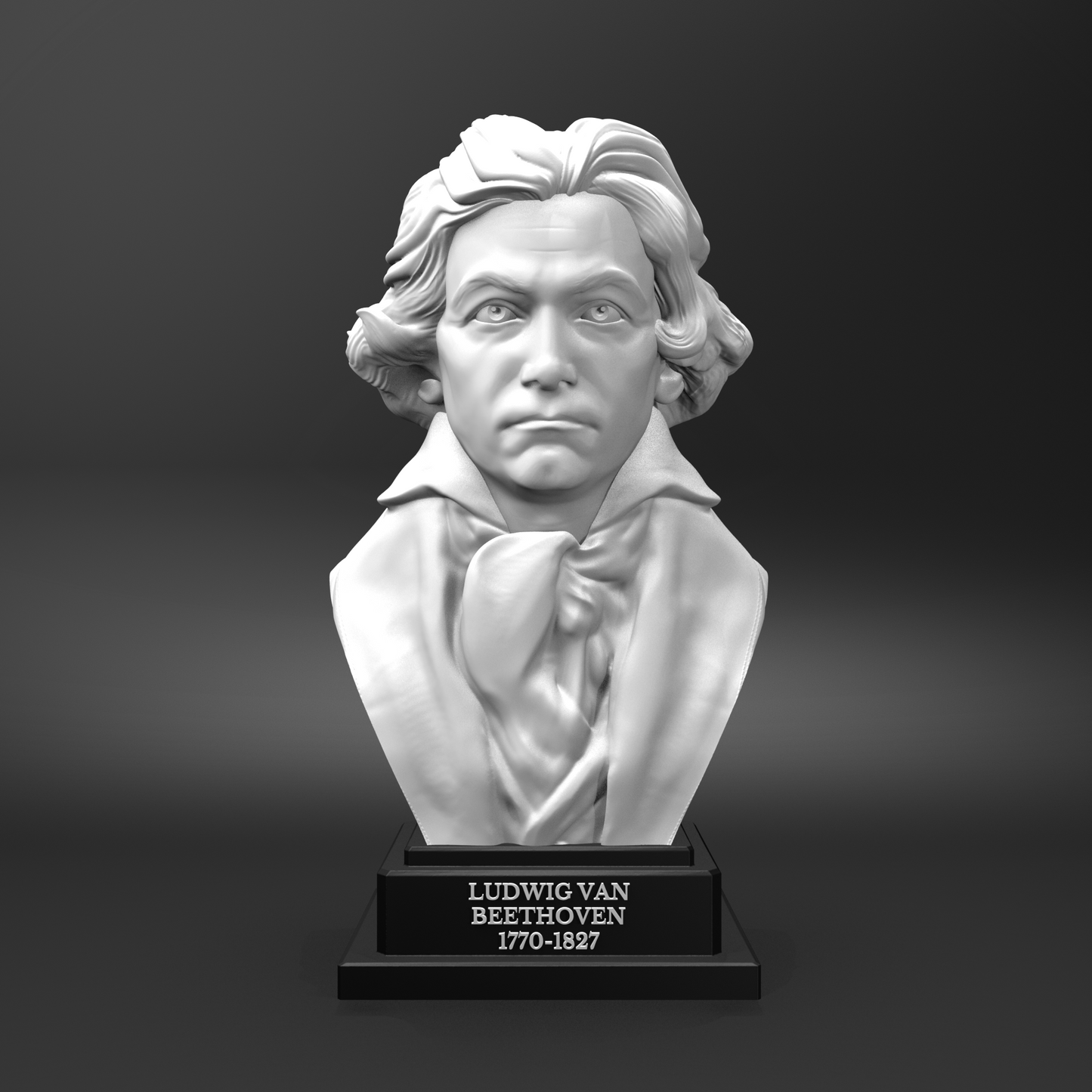 Bust sculpture of Ludwig van Beethoven on a black base with a dark gray background