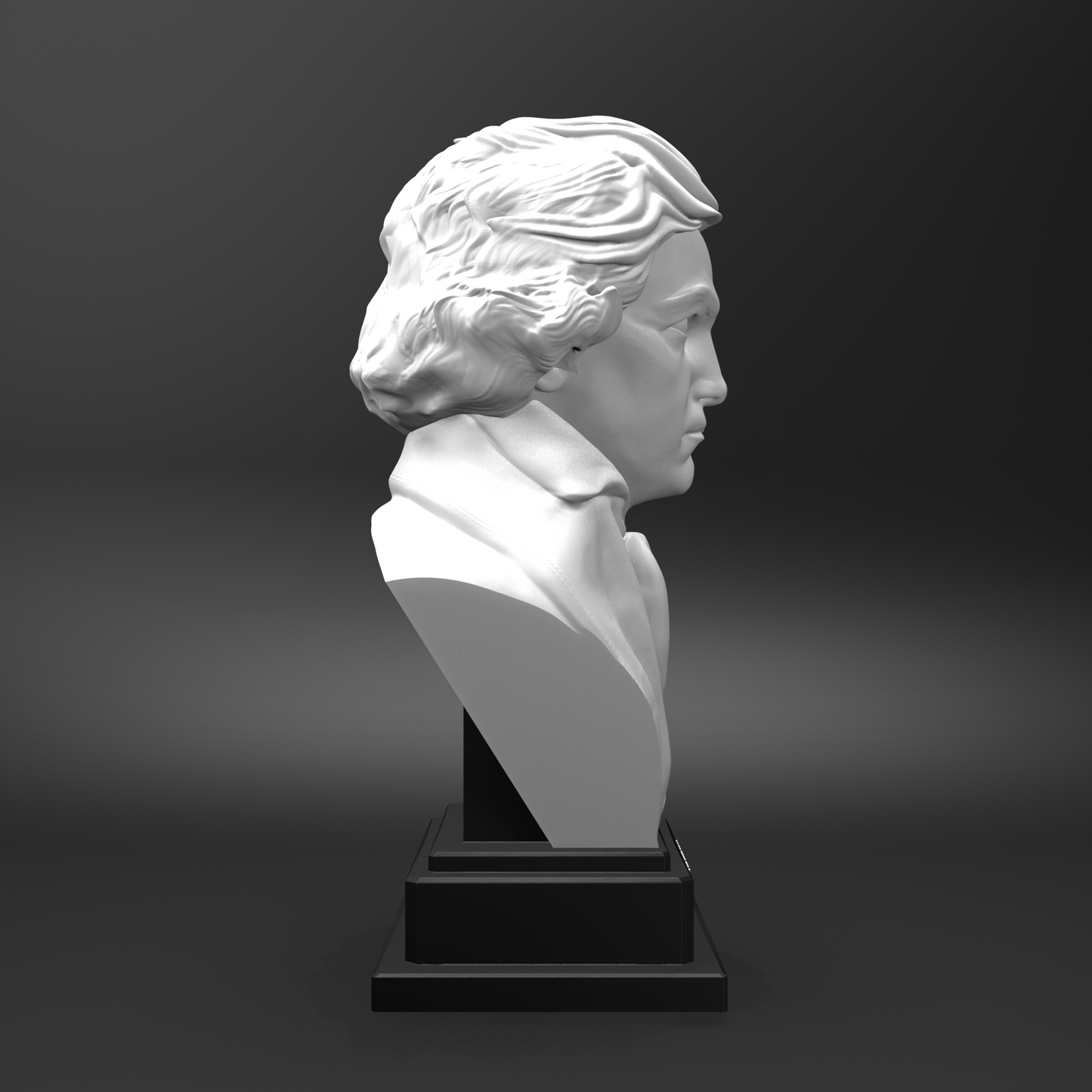 White bust on a black pedestal against a dark background