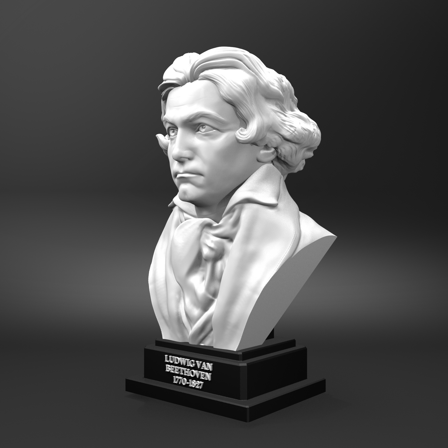 Bust sculpture of Ludwig van Beethoven on a dark background