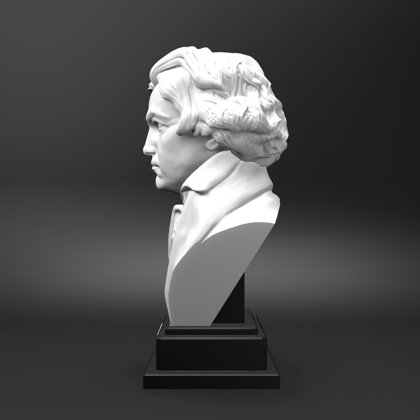 White bust on a black pedestal against a gray background