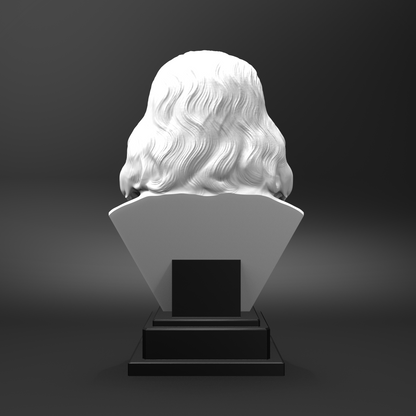 White bust on a black pedestal against a dark background