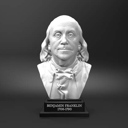 Bust of Benjamin Franklin on a black stand with a dark background