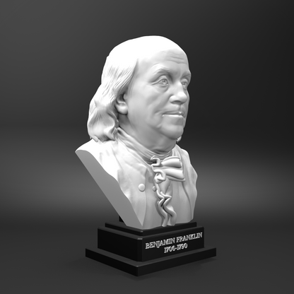 Bust of Benjamin Franklin on a black base against a dark background