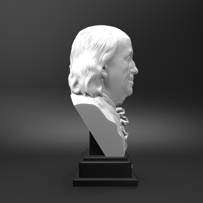 White bust on a black pedestal against a dark background