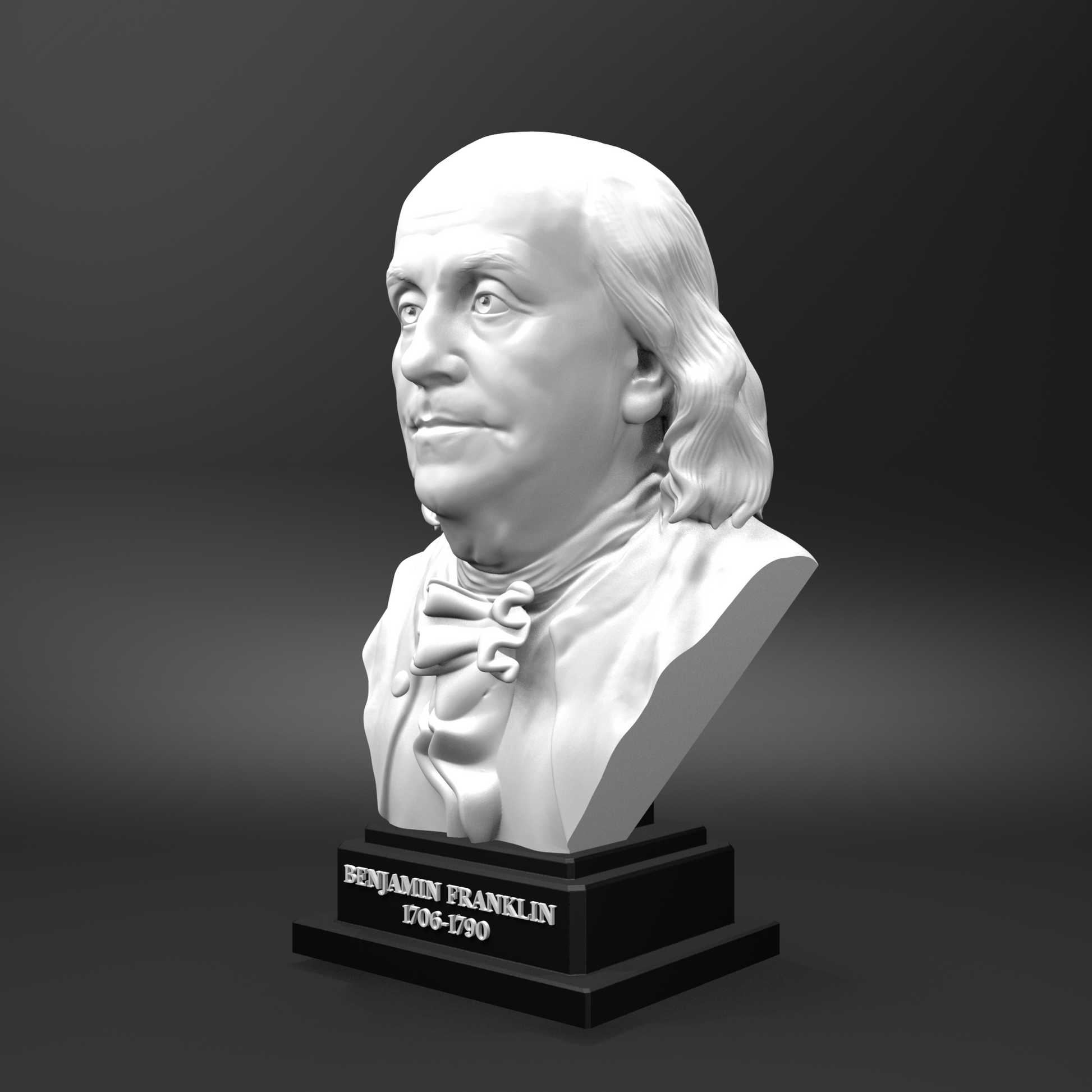 Bust of Benjamin Franklin on a black base with a gray background