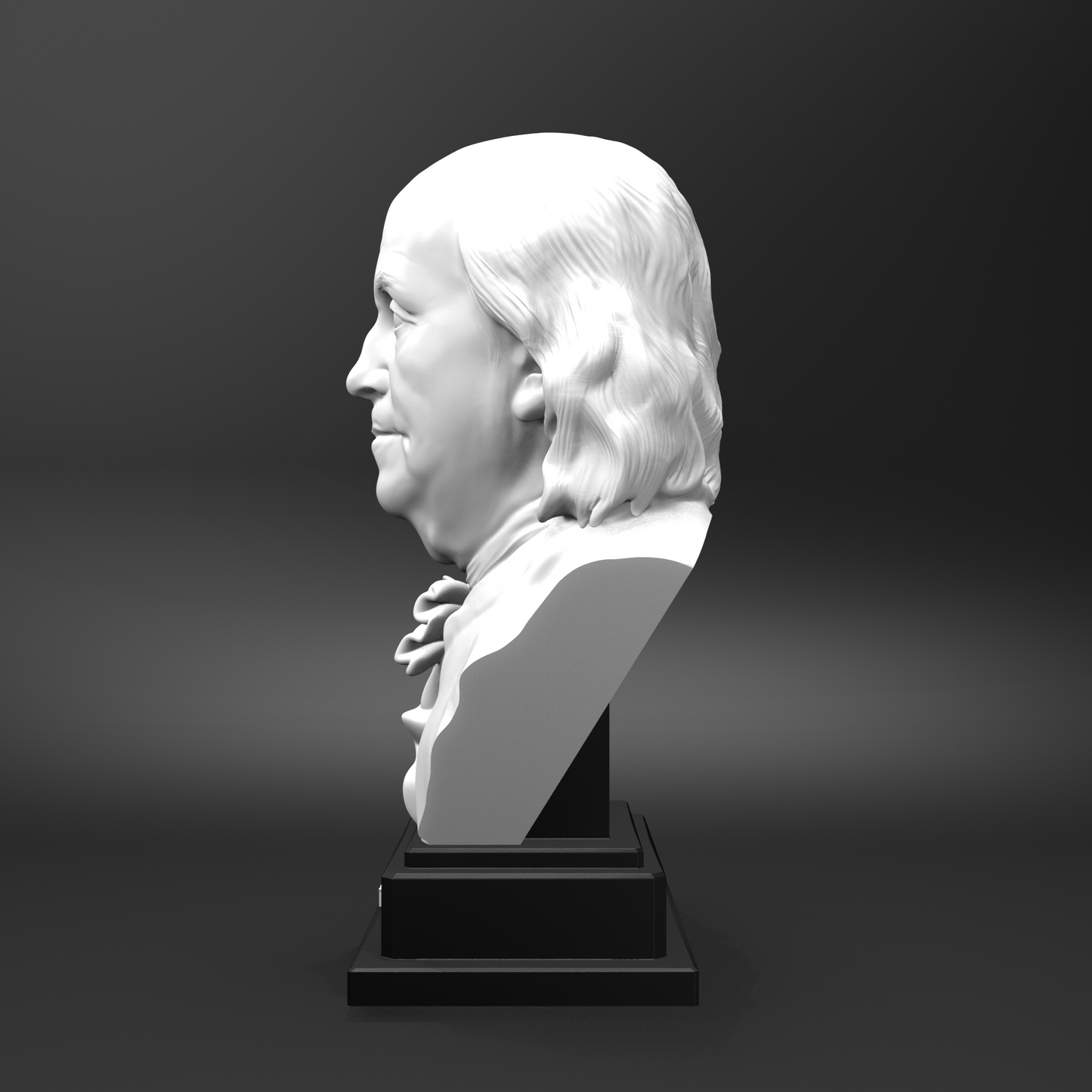 White bust on a black pedestal against a dark background