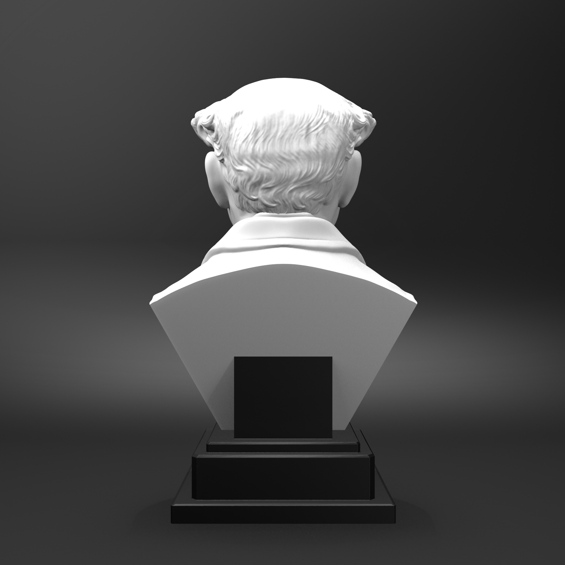White marble bust on a black pedestal against a dark background