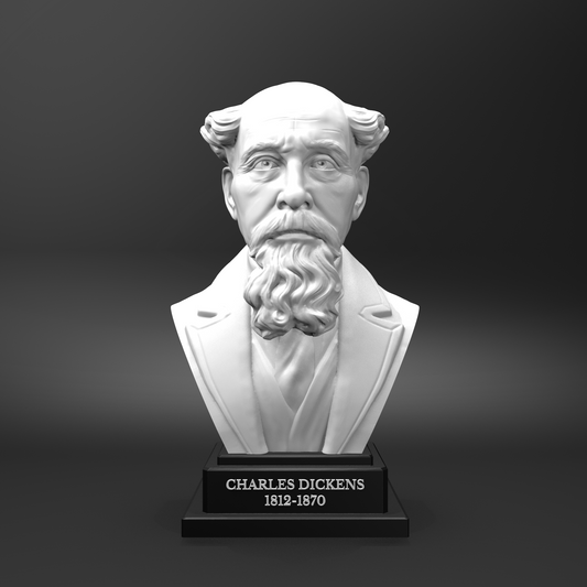 Bust of Charles Dickens on a black base with a gray background